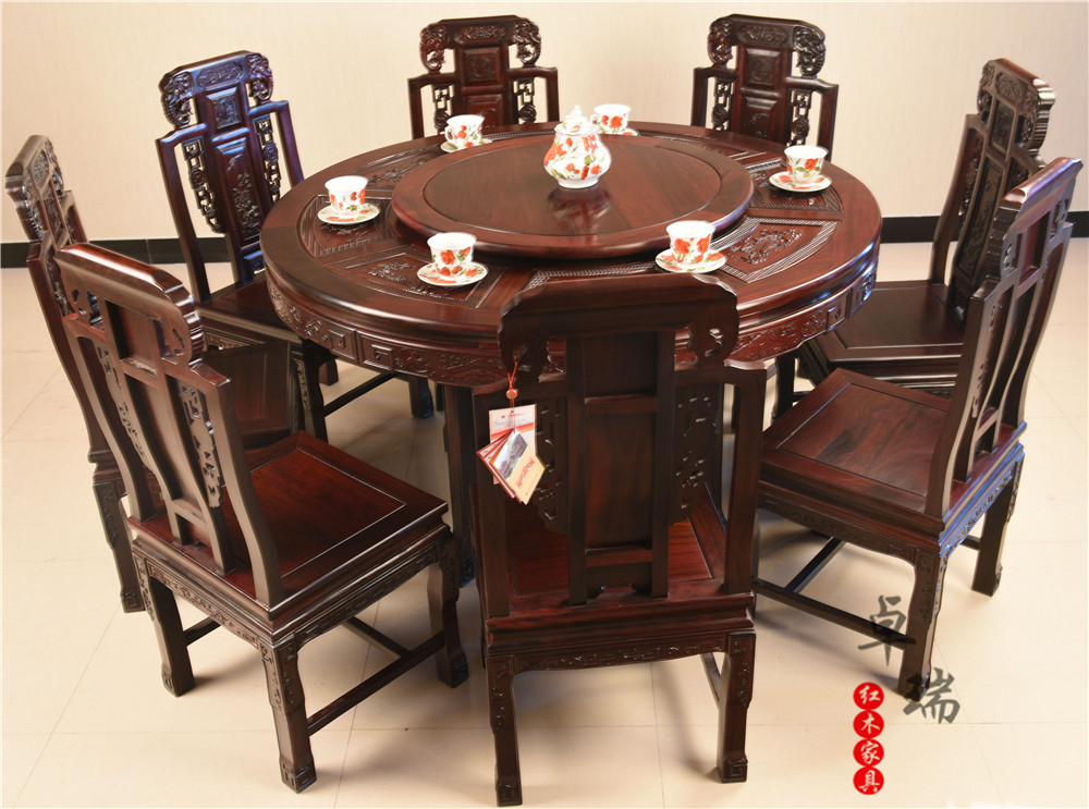 红木家具公司1.38米圆桌+8把椅子  东非酸枝（沉贵宝）