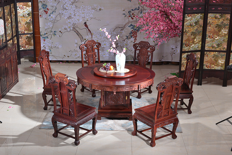 老挝红酸枝圆餐桌加椅子组合