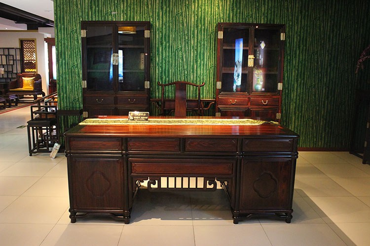 老挝大红酸枝（交趾黄檀）办公桌加红木书柜